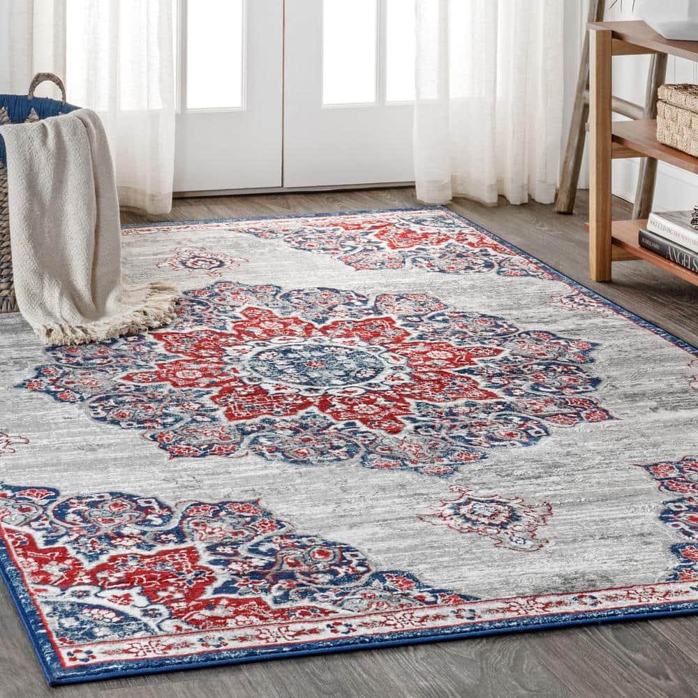 4'x6' Modern Persian Vintage Moroccan Medallion Area Rug, Navy/Red - JONATHAN Y