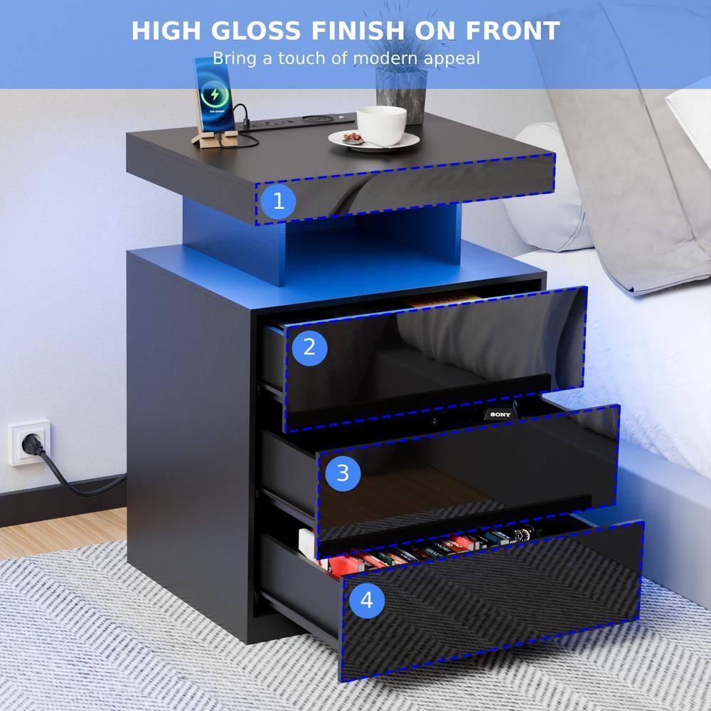 Hommpa LED Nightstand Wireless Charging Station USB Type C Outlets Bedside Table 3 Drawers White Night Table Modern Smart Nightstand High Gloss End Side Table for Bedroom Furniture 26.8" Tall