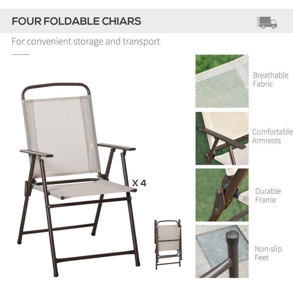 Outsunny 6 Piece Patio Dining Set for 4 with Umbrella, 4 Folding Dining Chairs & Round Glass Table for Garden, Backyard, and Poolside, Beige