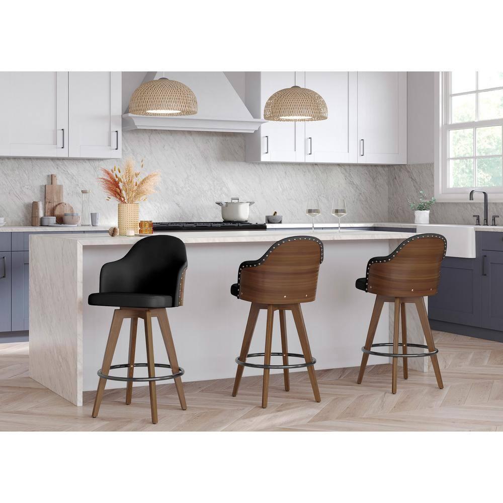LumiSource Walnut Bamboo, Black PU, Black Metal, Brass Metal Ahoy Counter Stool