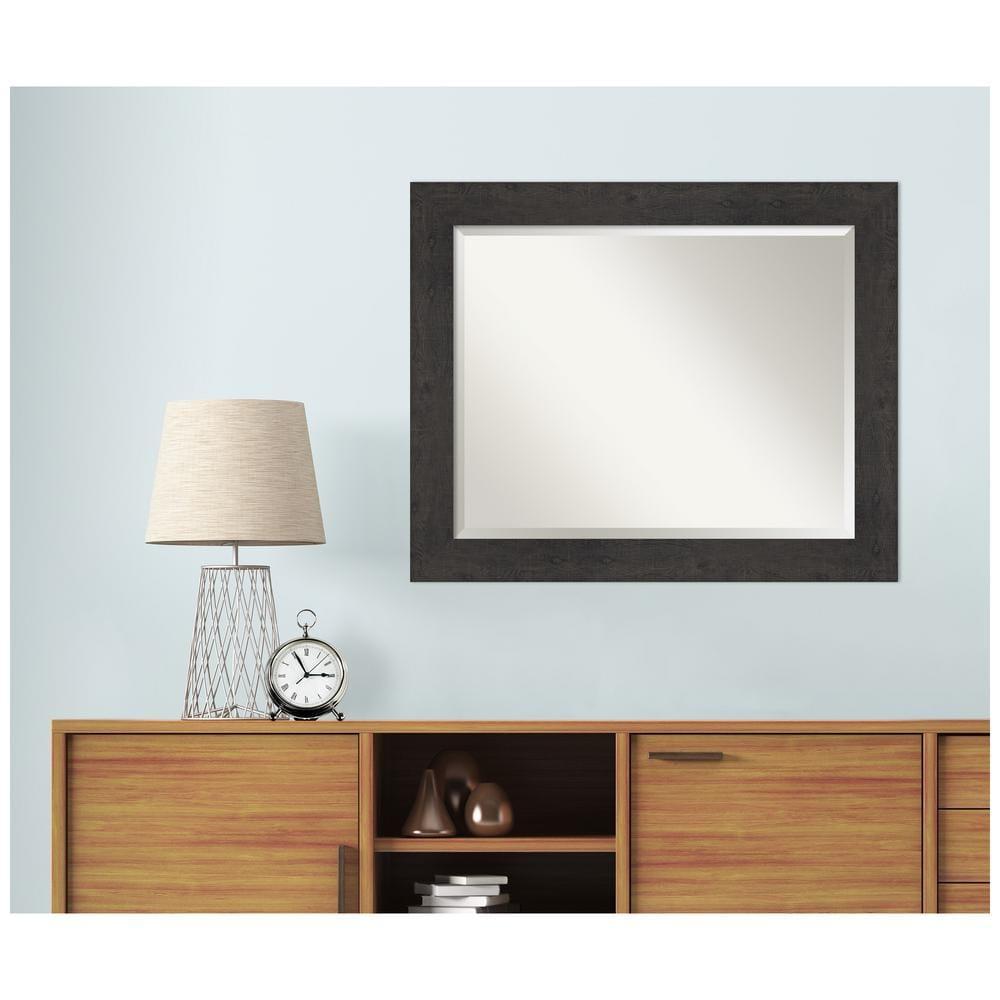 Amanti Art Beveled Bathroom Wall Mirror - Rustic Plank Espresso Frame Outer Size: 33 x 27 in