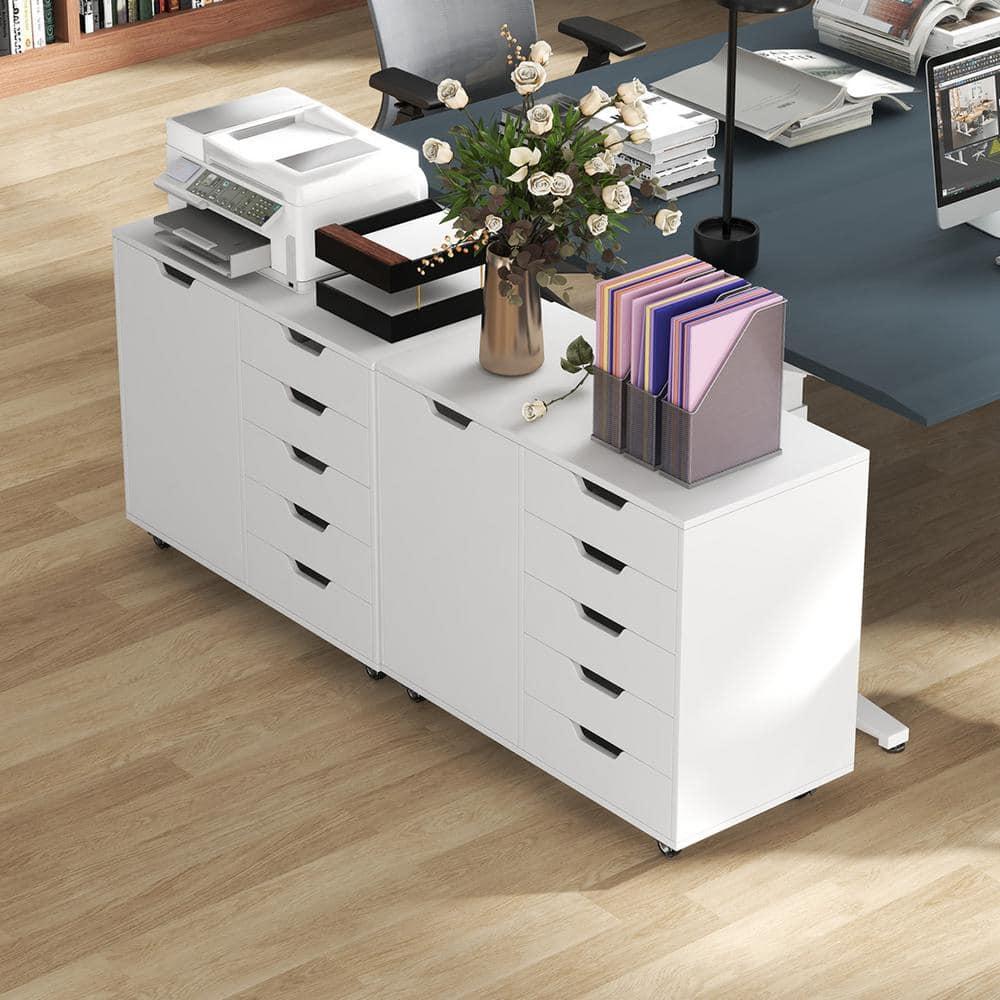 5-Drawer Chest with 1 Door, Wooden Chest of Drawers Storage Dresser Cabinet with Wheels, Office Organization and Storage, Bedroom Furniture (White-S)