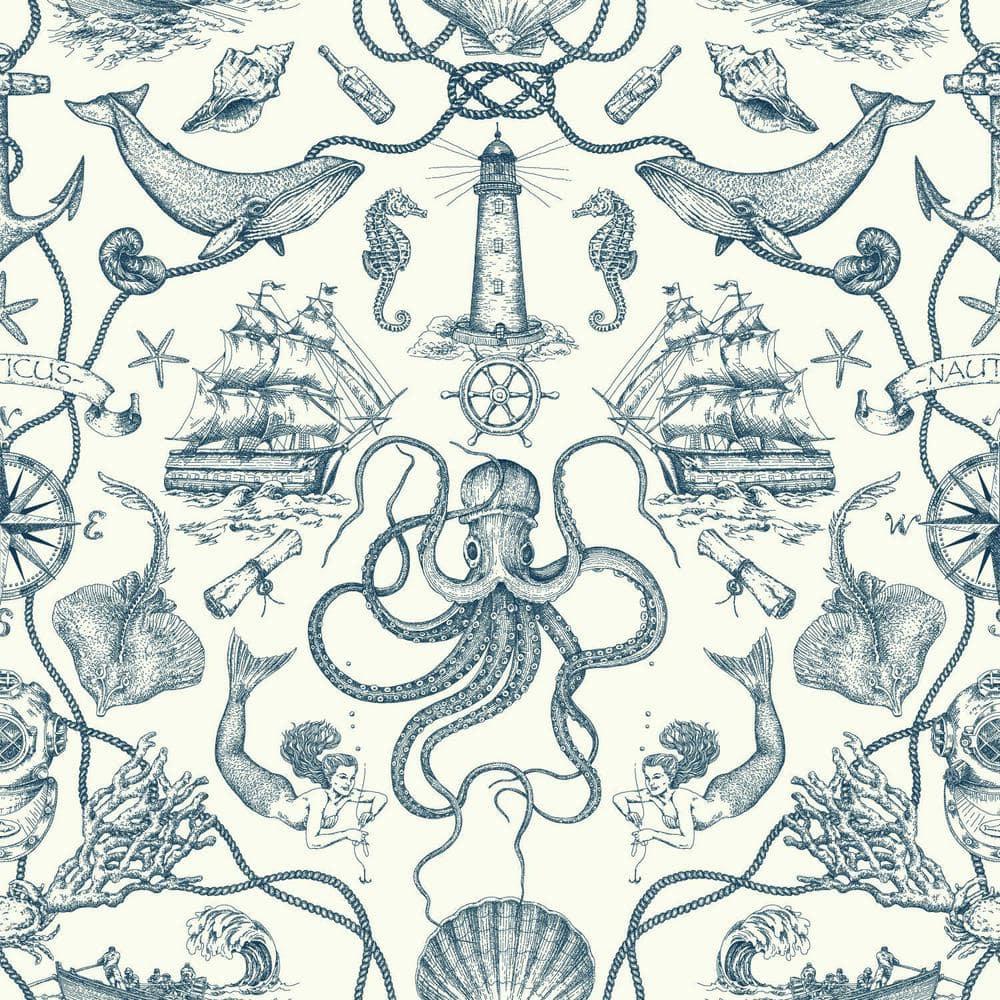 RoomMates Deep Sea Toile Blue Peel and Stick Wallpaper: Nautical Vinyl, Mermaid & Seahorses, Self-Adhesive, 28.18 Sq Ft Coverage