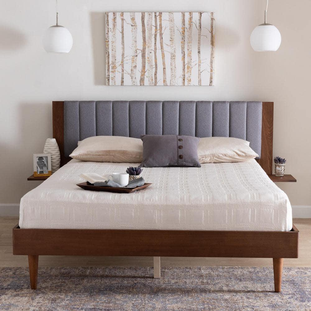 Baxton Studio Kalista Gray Fabric and Brown Wood Queen Size Bed with Tables