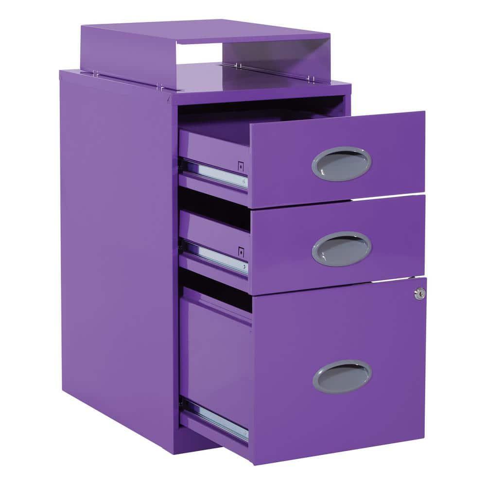OSP Home Furnishings 3-Drawer Locking Metal File Cabinet, Purple