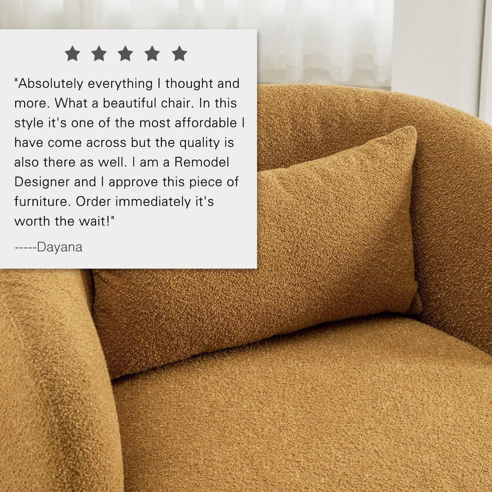34" Wide Boucle Swivel Barrel Chair, No Assembly Round Upholstered Armchair Accent Chair Single Sofa Chair with Toss Pillow for Living Room and Bedroom, Brown