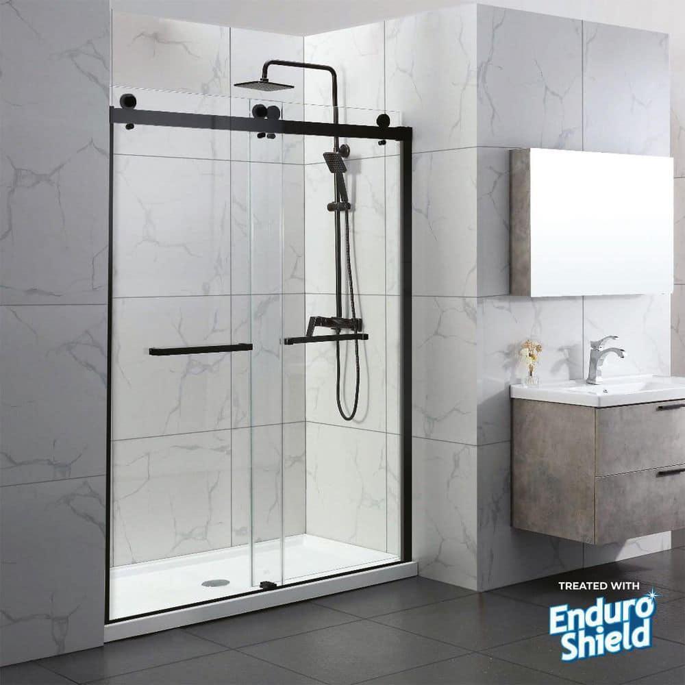 Portofino Frameless Double Sliding Shower Door 44"-48" Width, 74" Height Clear Tempered Glass 3/8 with Matte Black finish & Stain Resistant Glass Coating by Fab Glass and Mirror