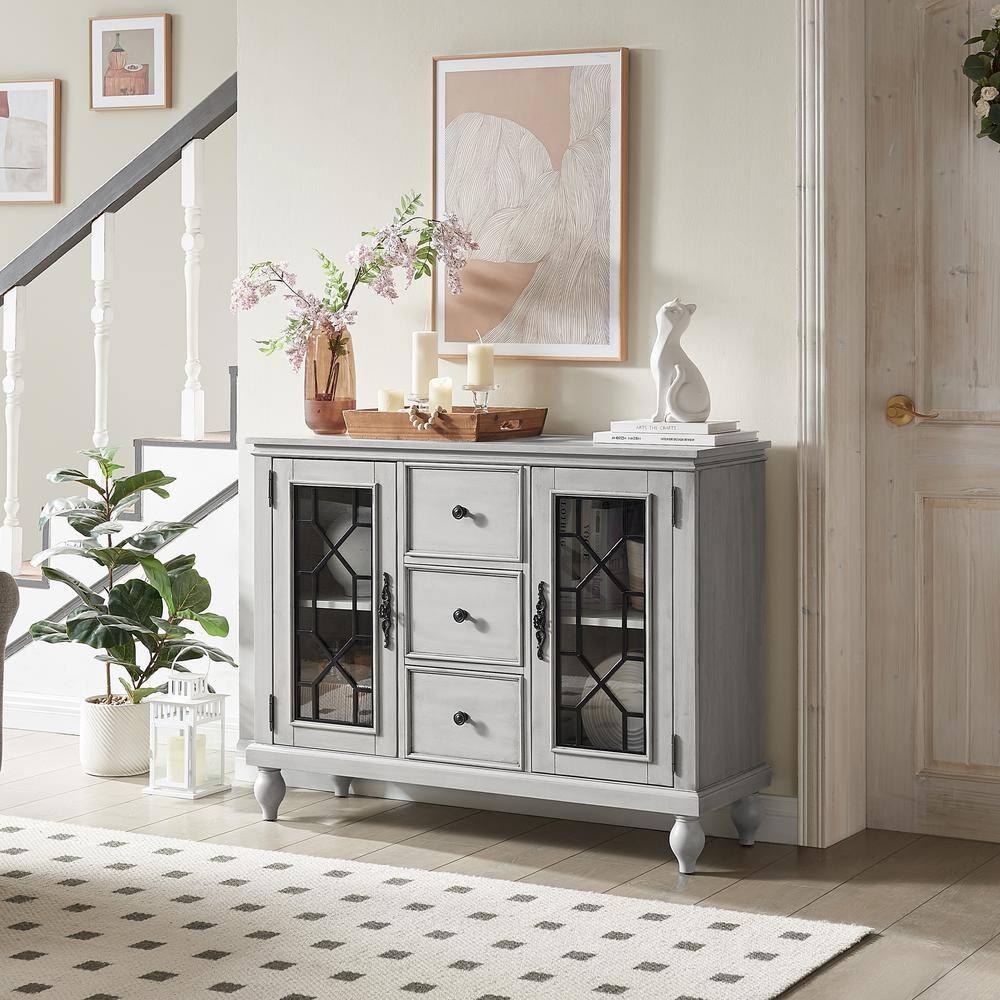 Antique White Wood 45 in. Kitchen Sideboard Buffet with 3 Storage Drawer Dining Room Cabinet Serving Wine Cupboard