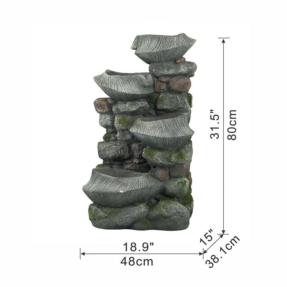 31 in. Tall Outdoor 4-Tier Rock Water Fountain with LED Lights