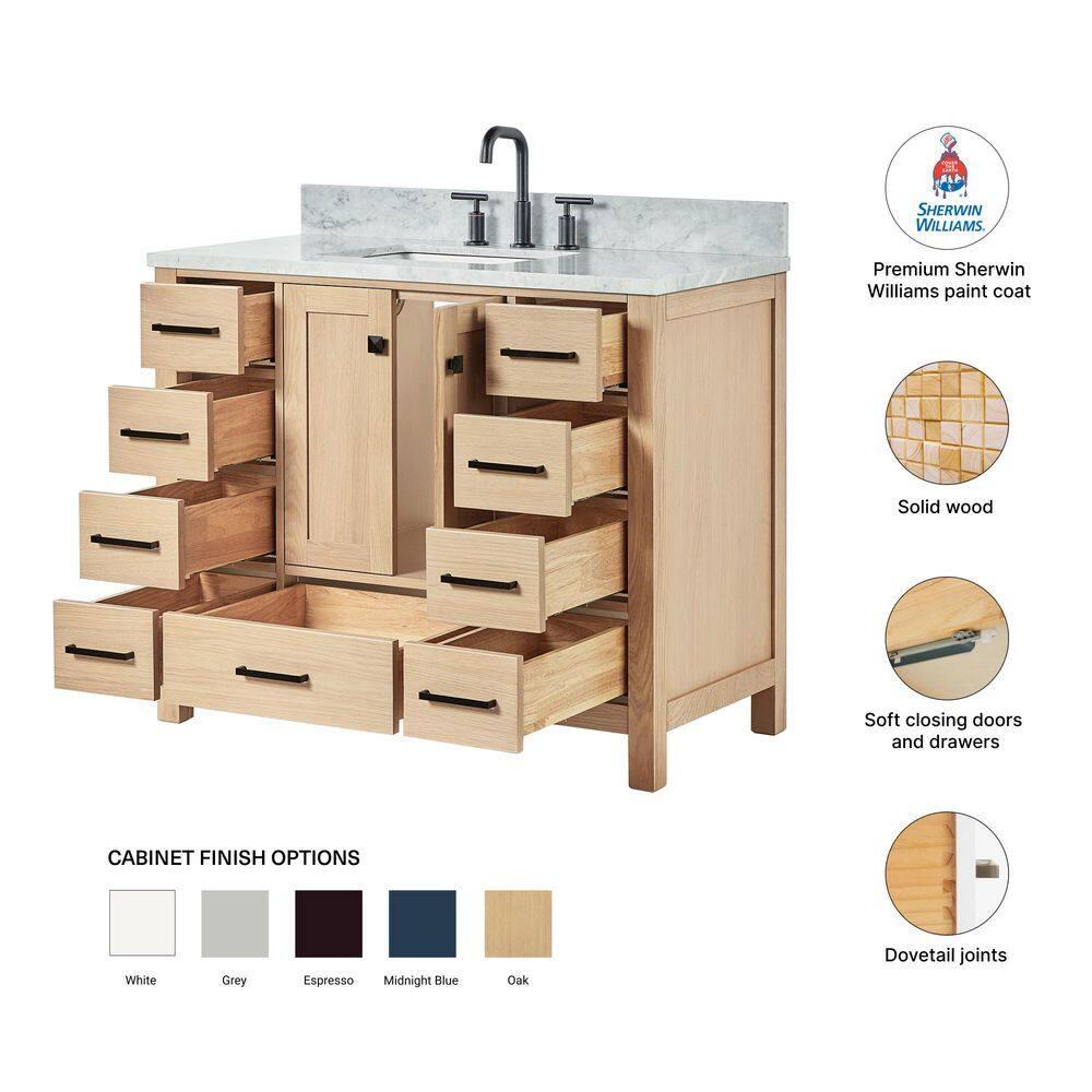 Ariel Cambridge 43 Inch Bathroom Vanity With Italian Carrara Marble Countertop 0.75 inch In Oak