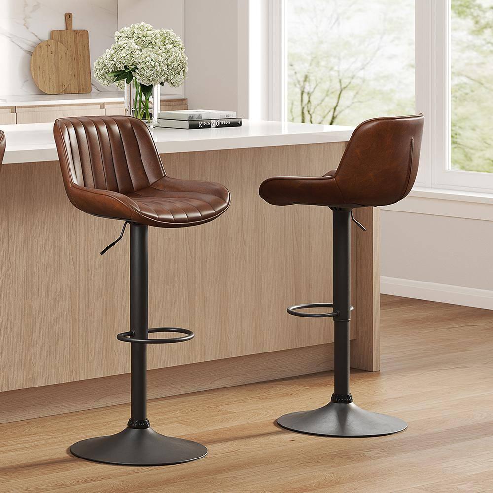 Art Leon Rustic Bar Stools Set of 2, Faux Leather with Backrest Chrome Legs, Upholstered Swivel Kitchen Stools, Cognac