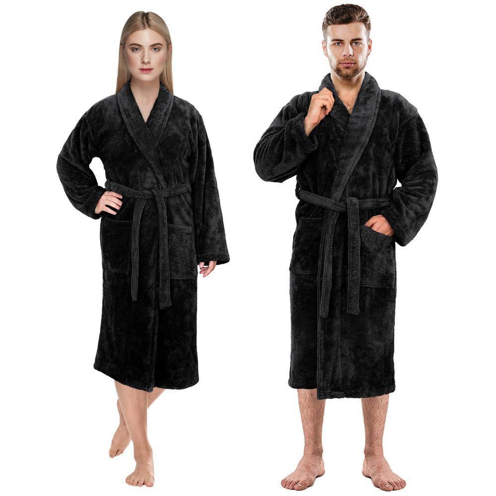 American Soft Linen Warm Fleece Bathrobe, Mens and Womens Robes, 1 Piece Shawl Collar  Adult Matching Couple Robes for your Bathroom, Medium, Black