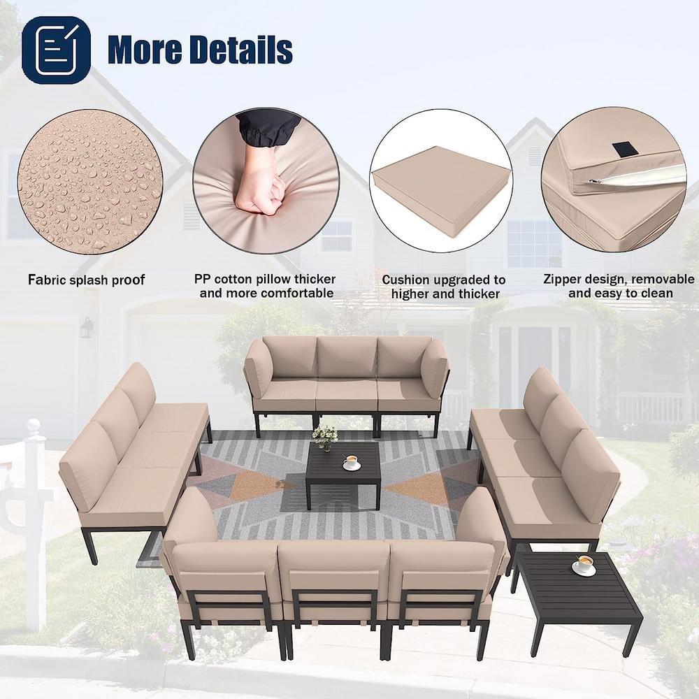 Kullavik Aluminum Patio Furniture Set,14 Pieces Modern Outdoor Conversation Set, Outdoor Metal Sectional Sofa with Thick Cushion and Coffee Table,Sand