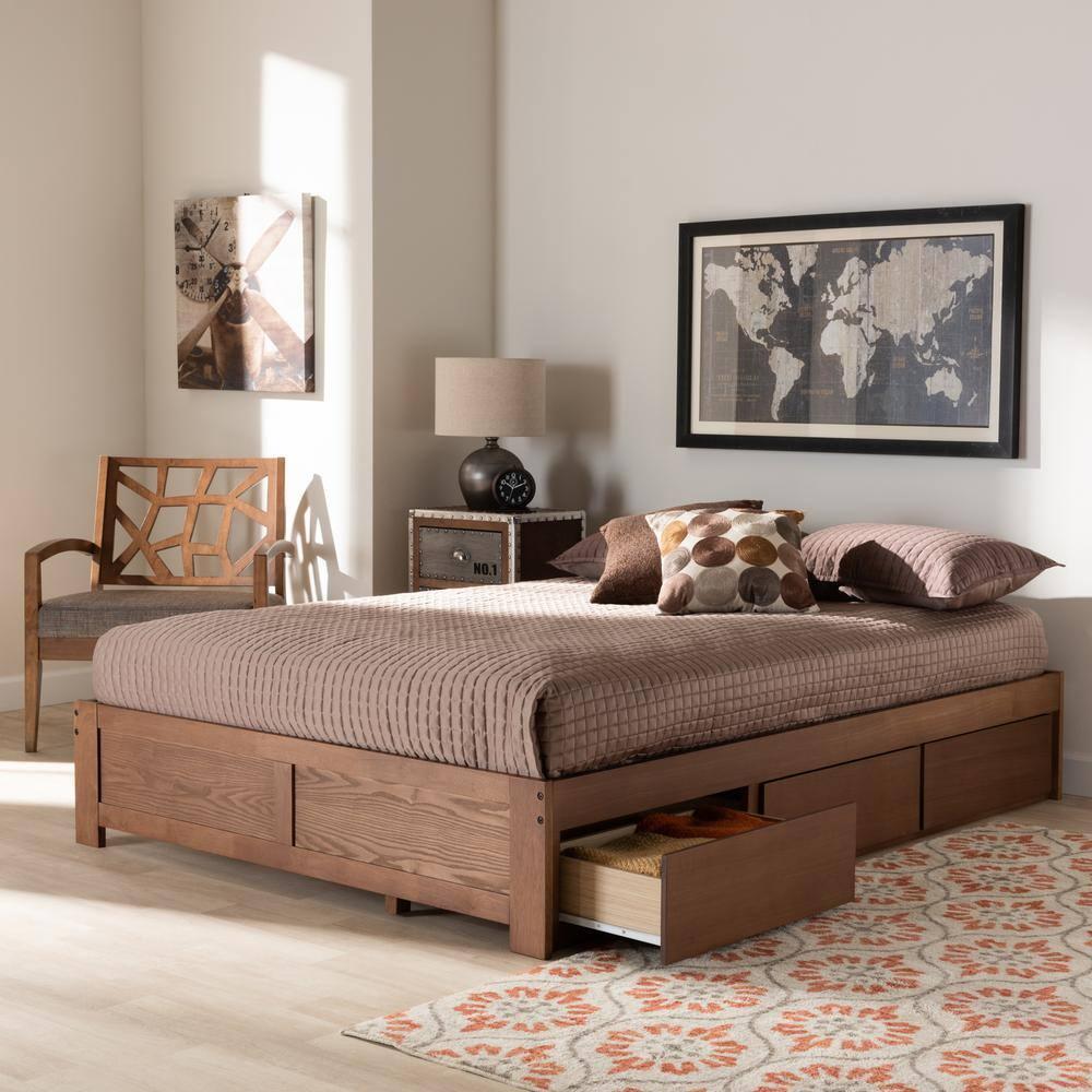 Queen Wren 3 Drawer Storage Bed Frame Walnut - Baxton Studio: MDF & Wood Composite, No Box Spring Needed