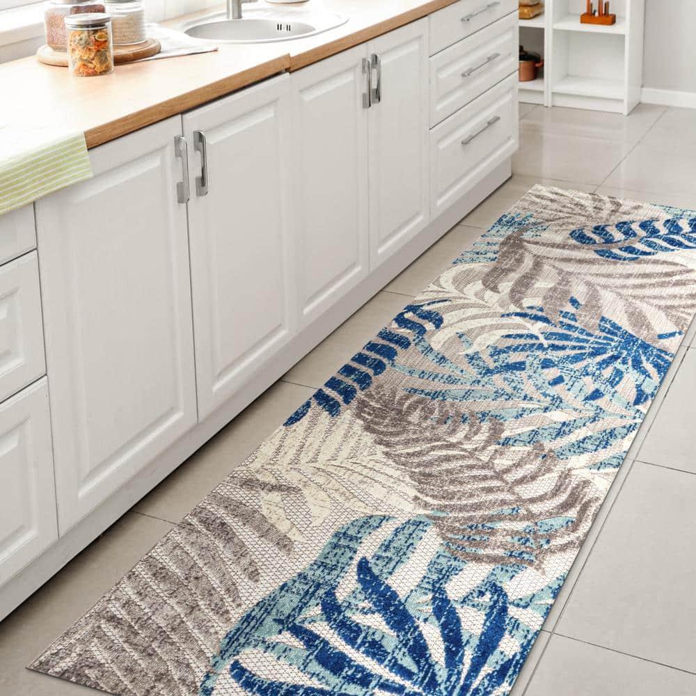 JONATHAN Y Tropics Palm Leaves Indoor/Outdoor Gray/Blue 2 ft. x 8 ft. Runner Rug