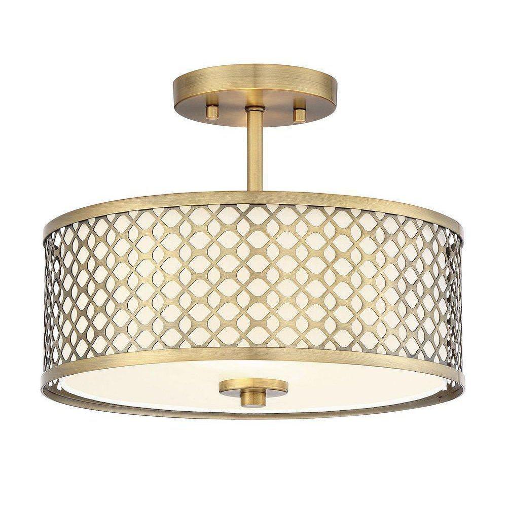Meridian Elegance 2-Light Natural Brass Ceiling Light with Cream Fabric Shade