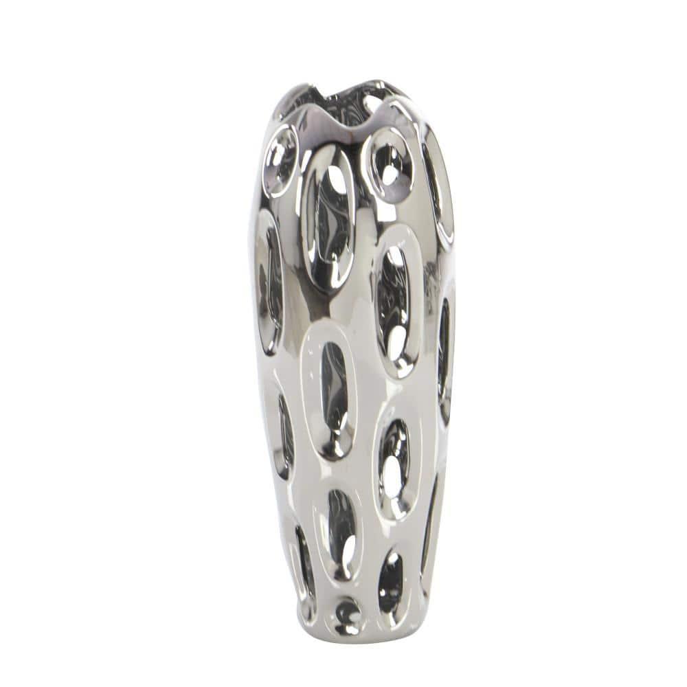 DecMode 16" Silver Ceramic Vase with Cut Out Designs