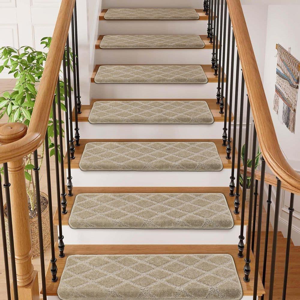 PURE ERA Bullnose Carpet Stair Treads Protectors for Wooden Steps 9.5" x 30"x1.2" Pet Friendly Tape Free Non-Slip (Set of 14 Pieces,Cream Gray Diamond Trellis)