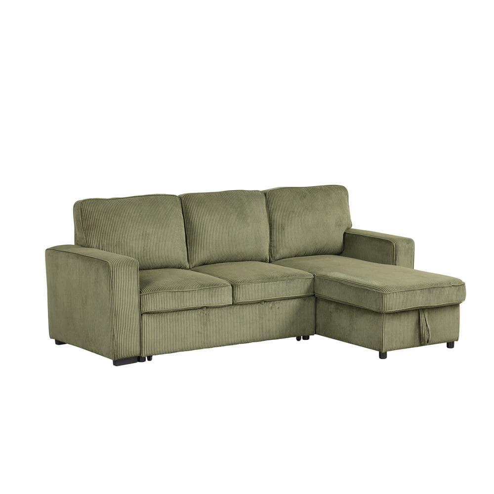 HOMES: Inside + Out Paeke Sleeper Sectional Sofa Corduroy with Storage Chaise and Reversible Green