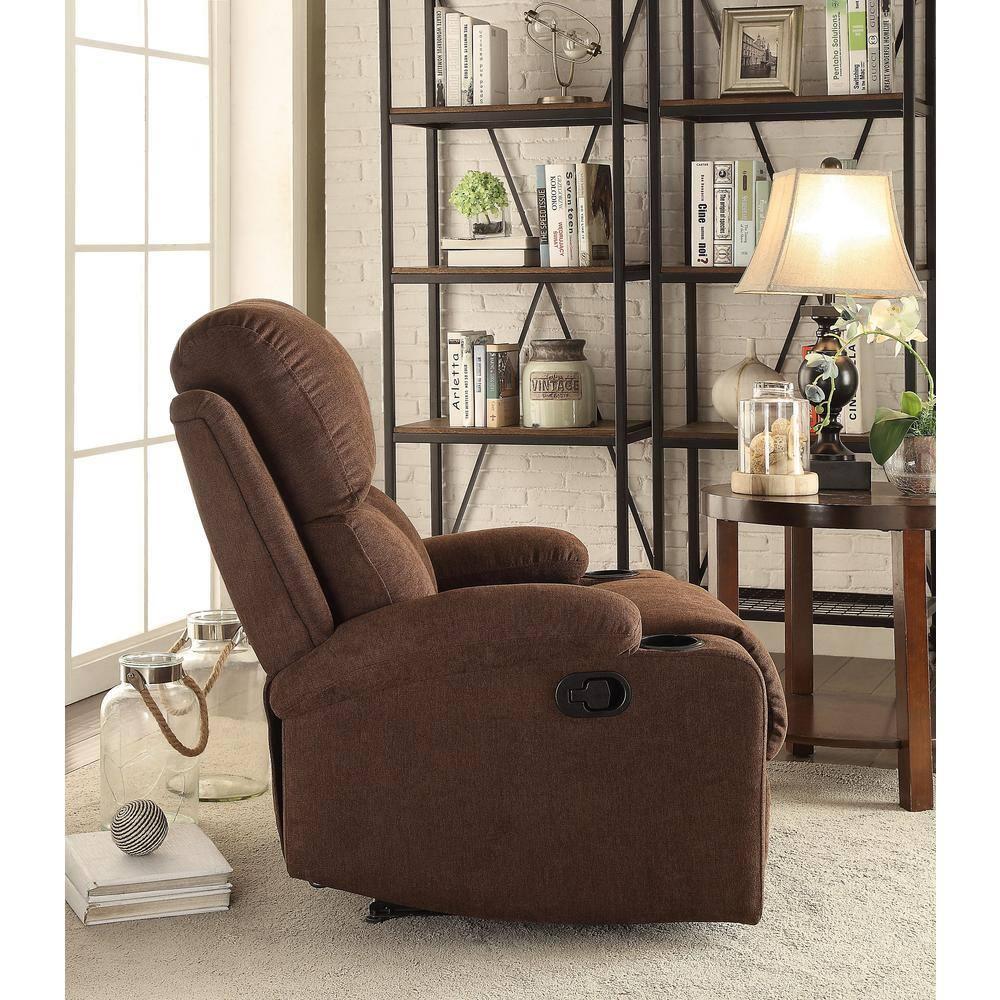 Rosia Linen Recliner Chocolate - Acme Furniture: Microfiber, Cup Holders, Wood Frame