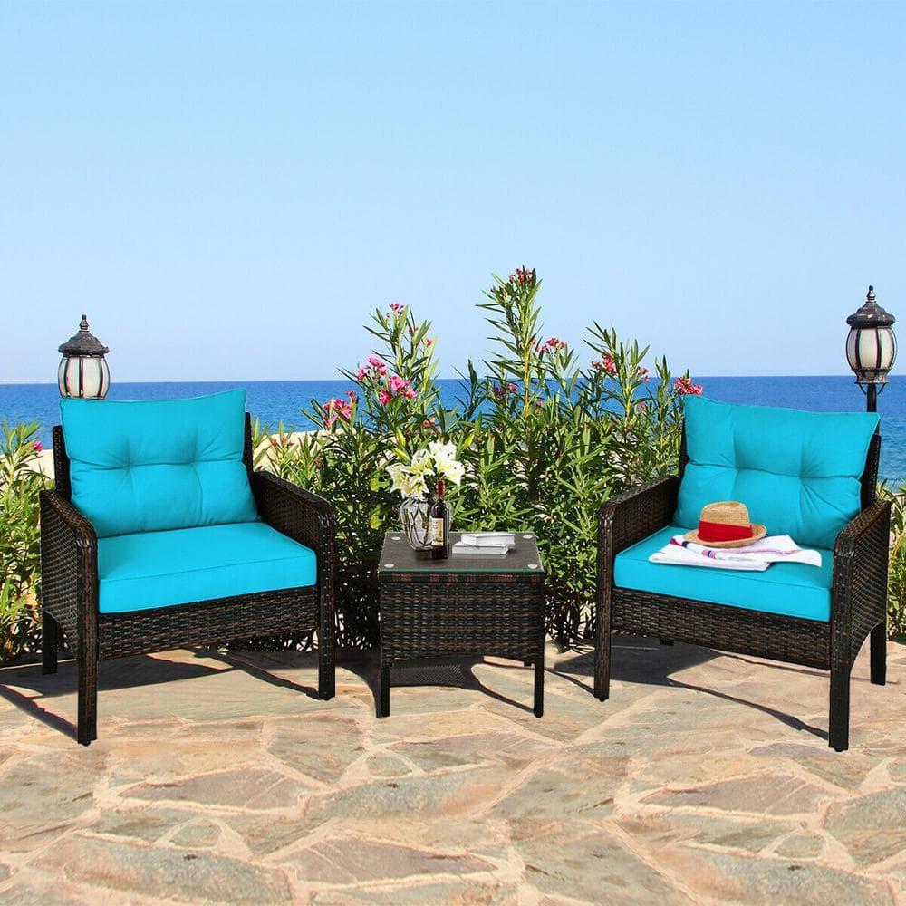 YYAo Garden Conversation Table Set, Conversation Loveseat Chairs Set, 3 Pcs Outdoor Patio Rattan Conversation Set with Seat Cushions-Turquoise