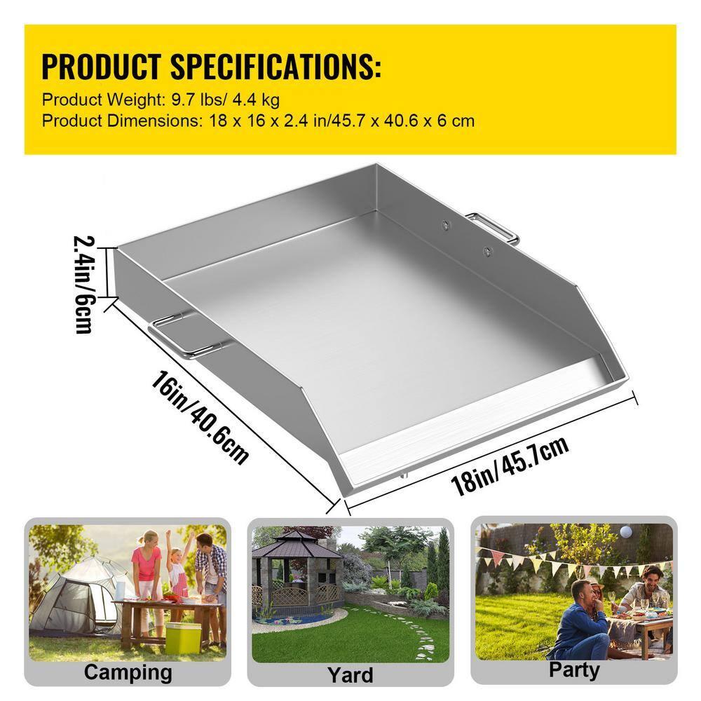 VEVORbrand Stainless Steel Griddle,18" X 16" Universal Flat Top Rectangular Plate, BBQ Charcoal/Gas Grill with 2 Handles and Grease Groove with for Camping, Tailgating and Parties
