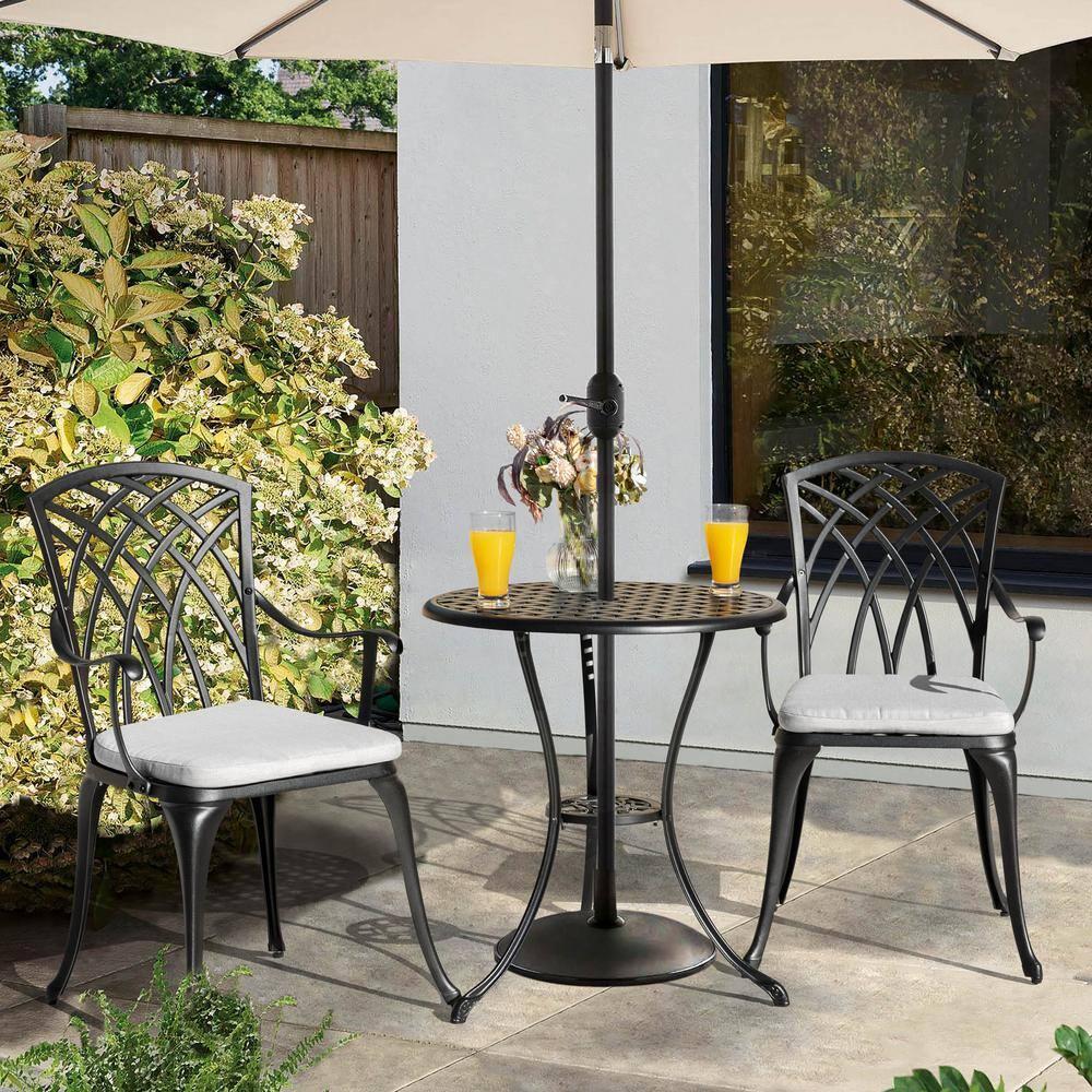 Black Cast Aluminum 3-Piece Bistro Set with Grey Cushions