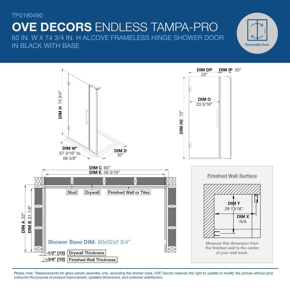 Ove Decors Endless Tampa-Pro 60" W x 72" H Alcove Frameless Shower Kit, Door, Panel, Base TP0180190