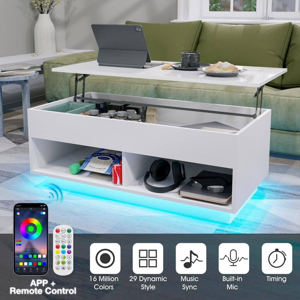 40" Modern Lift Top Coffee Table with Hidden Compartment White Coffee Table with LED Lights High Gloss Cocktail End Table with Open Shelf