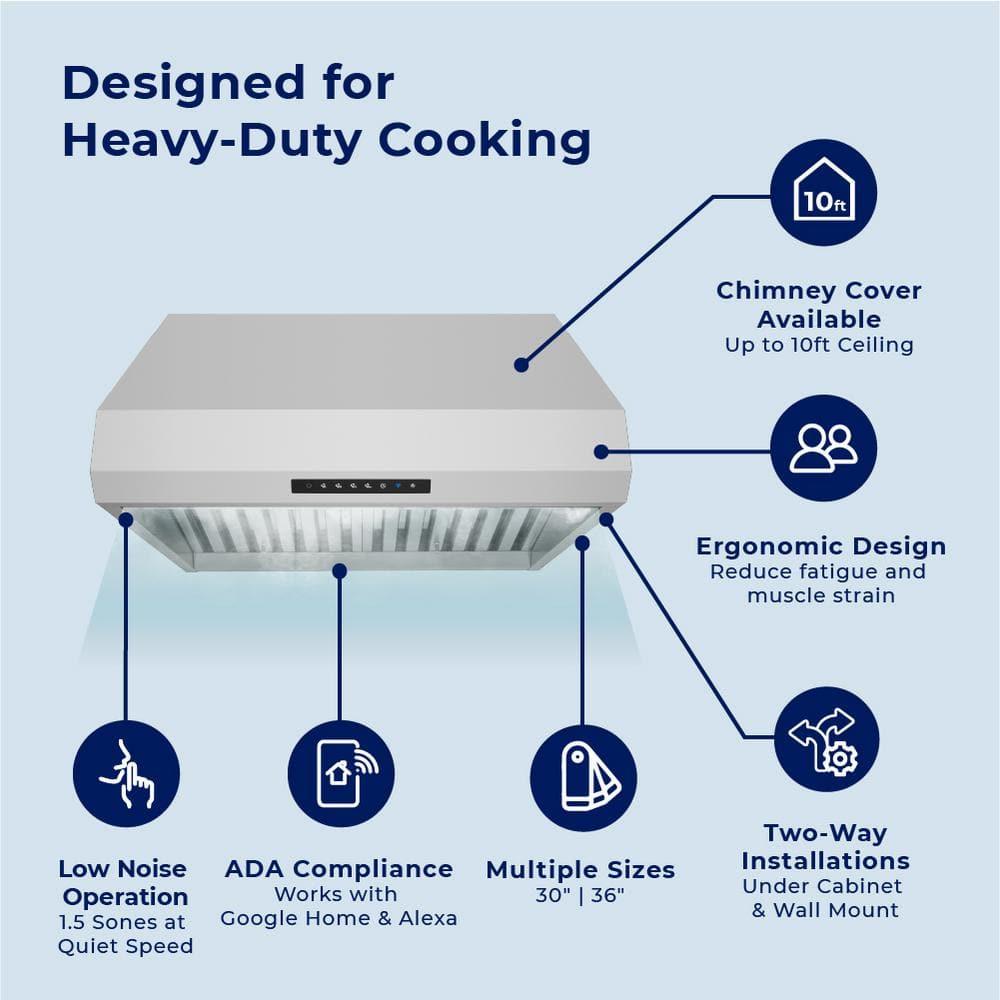 30" 540 CFM Versatile Under Cabinet or Wall Mounted Range Hood in Stainless Steel with Smart Feature