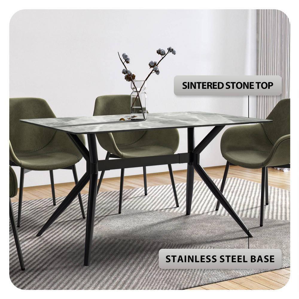LeisureMod Elega Series Modern 62” Dining Table with Sintered Stone or Glass Rectangular Top and Black Stainless Steel Base in Light Grey