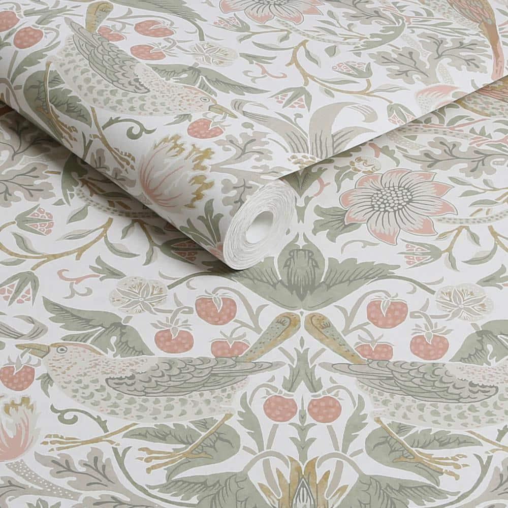 William Morris at Home Strawberry Thief Sage & Pink Wallpaper