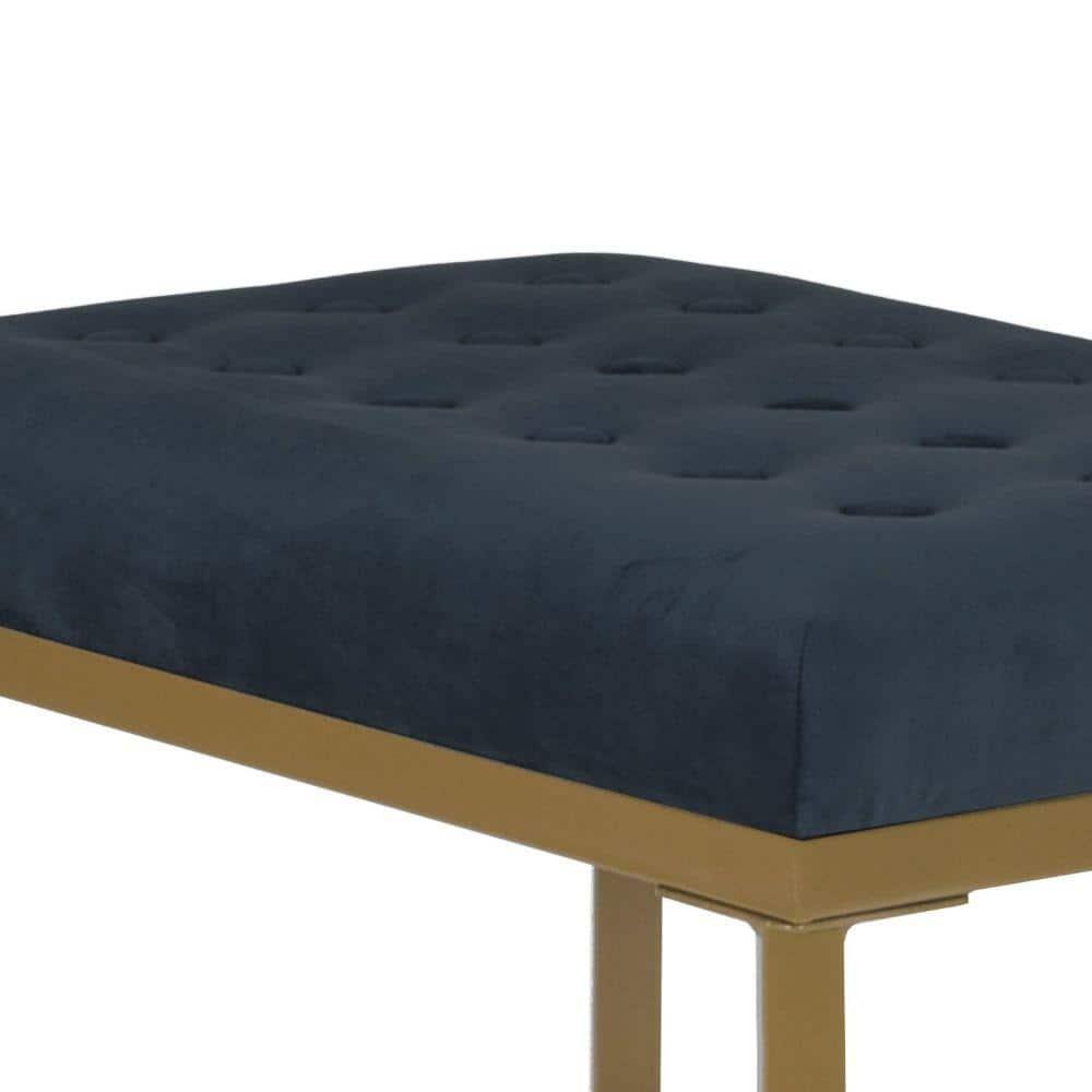 Benzara BM196046 Metal Framed Bench with Button Tufted Velvet Upholstered Seat, Dark Blue & Gold