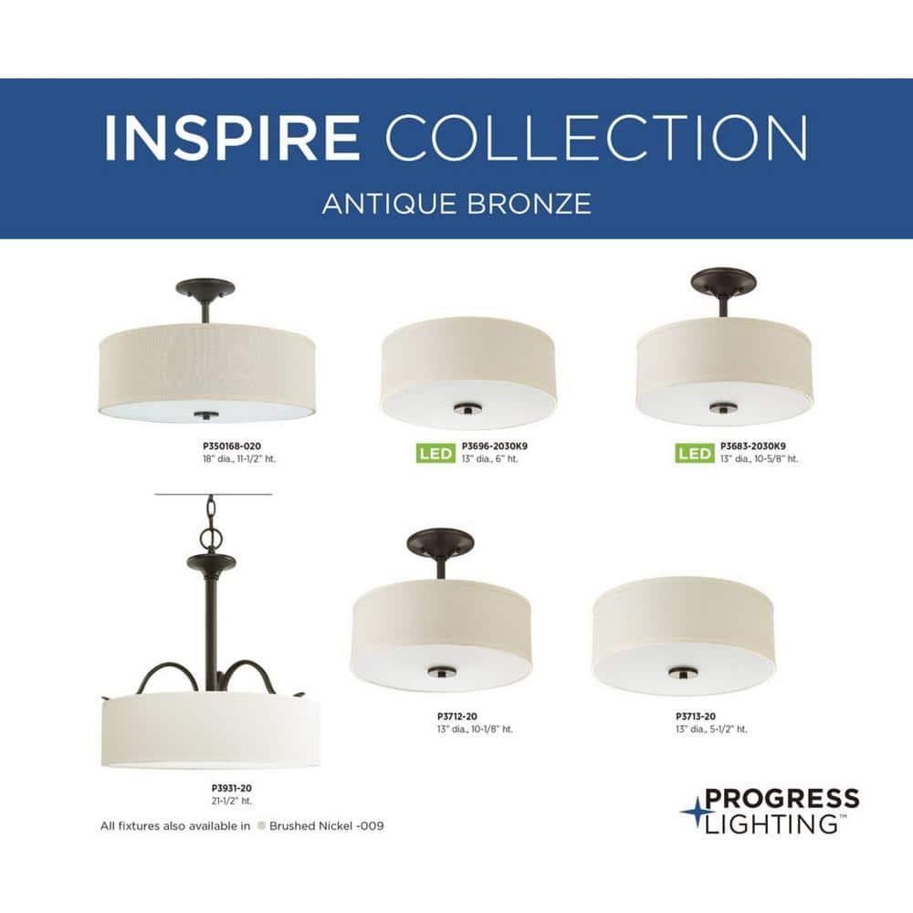 Progress Lighting, Inspire Collection, 3-Light Semi-Flush Mount, Antique Bronze, Off-White Linen Shade