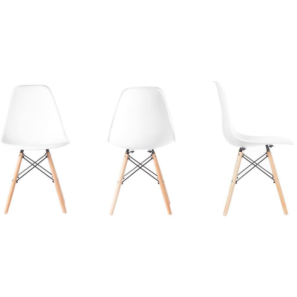 Fabulaxe Mid-Century Modern Style Plastic DSW Shell Dining Chair with Solid Beech Wooden Dowel Eiffel Legs, Set of 4 White