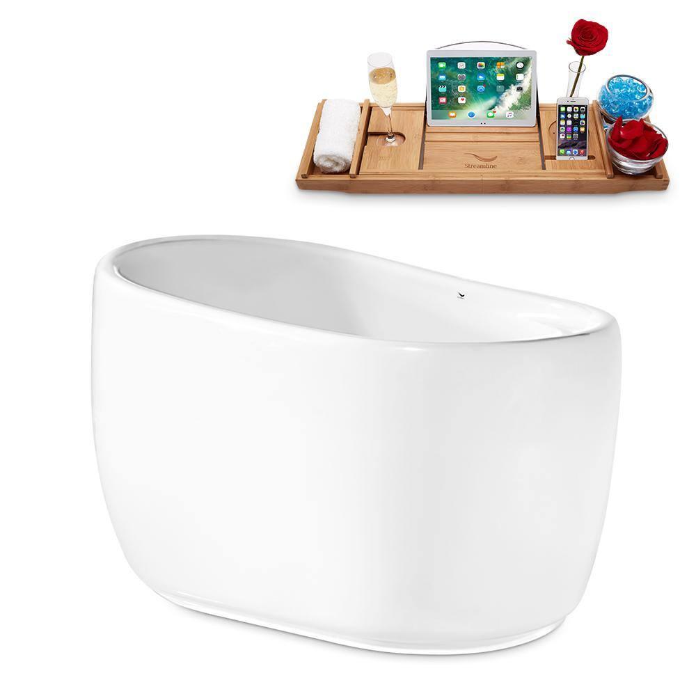 66" Streamline Freestanding Soaking Acrylic Bathtub With Drain and Bamboo Tray