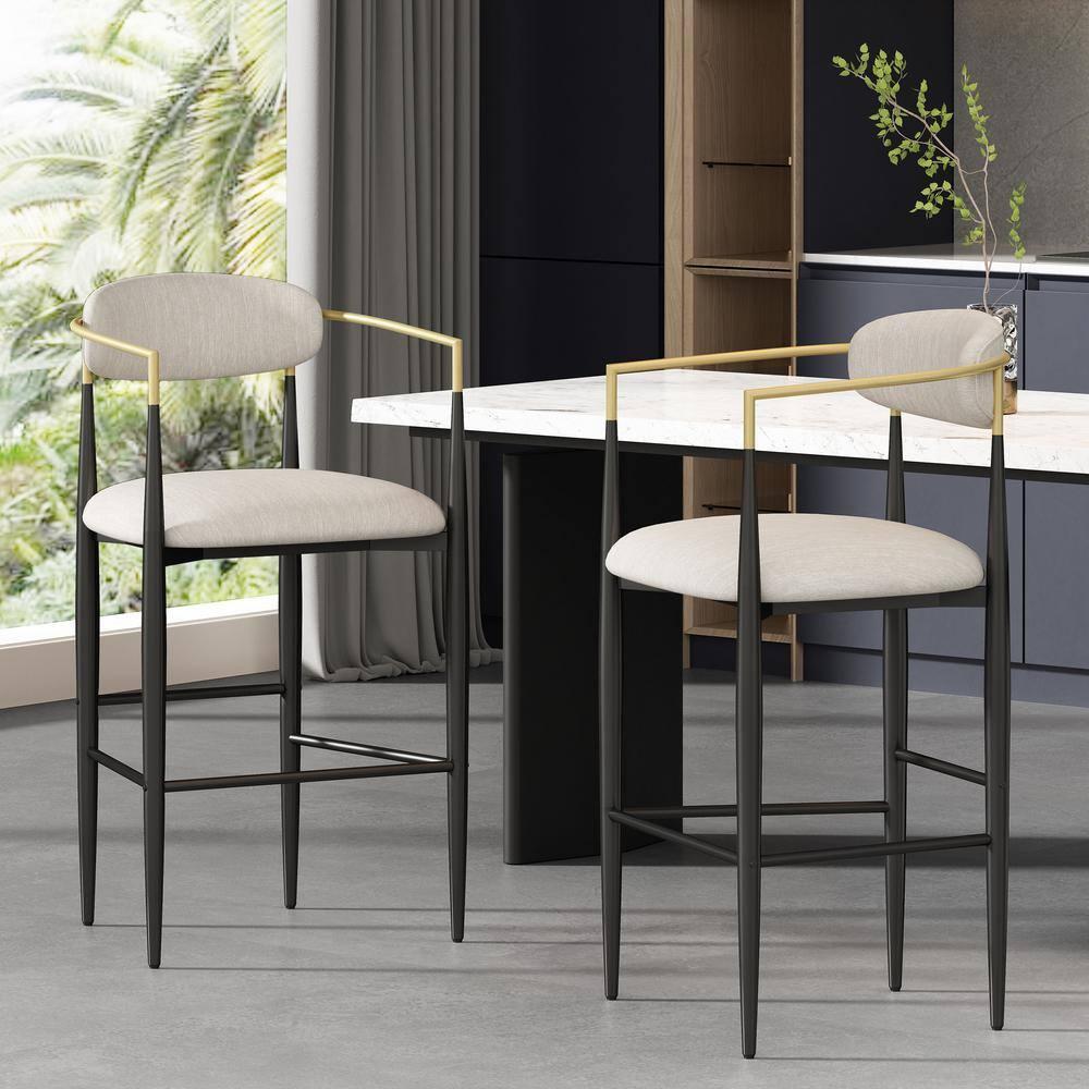 Noble House Boise Fabric and Metal 30 Inch Barstools, Set of 2, Beige, Black, and Gold