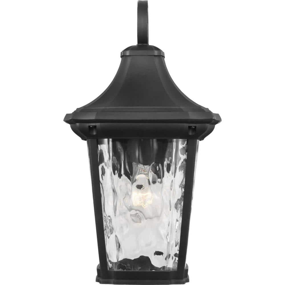 Progress Lighting Marquette 1-Light Outdoor Wall Lantern in Black with Water Glass Shade