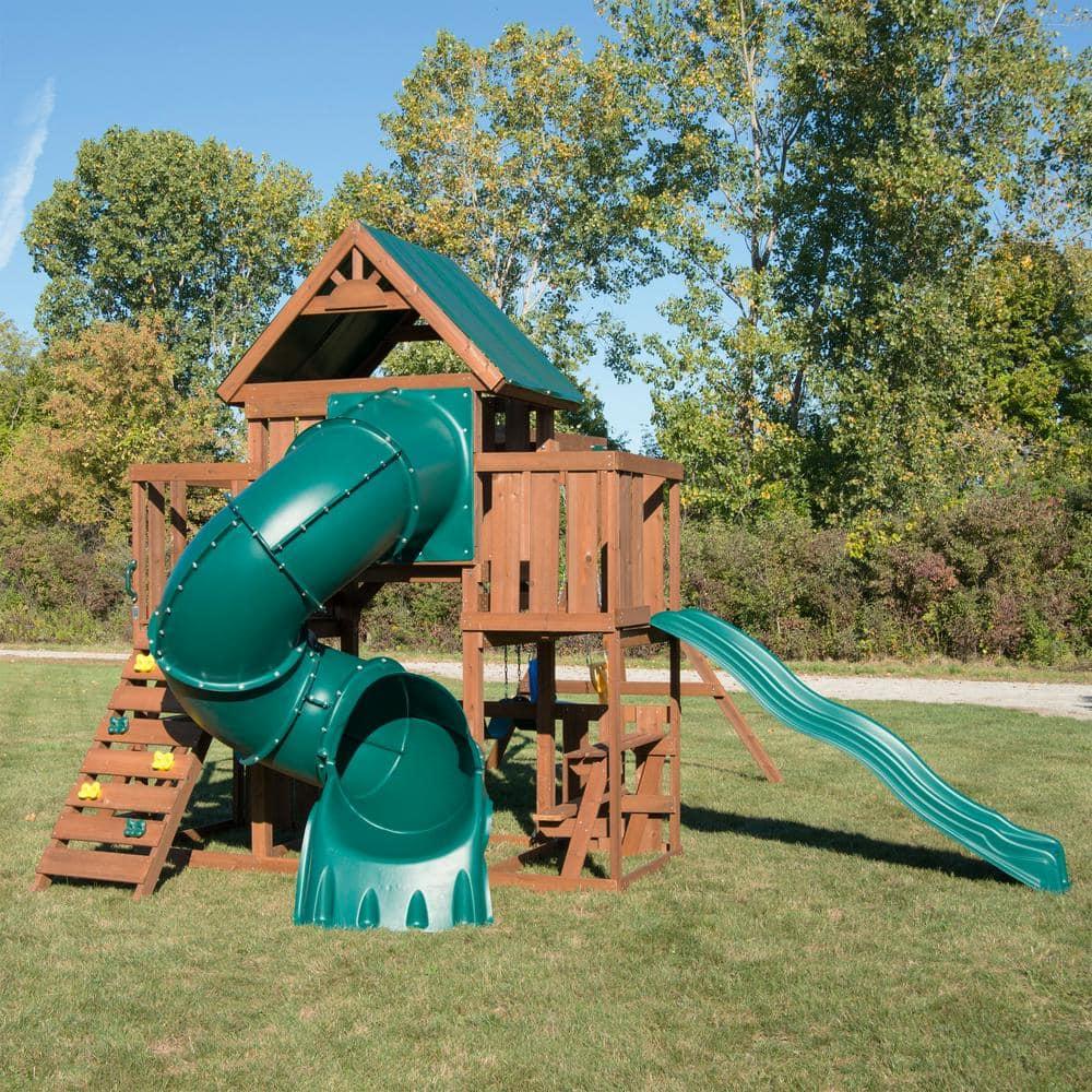 Swing-N-Slide Tellico Terrace Wooden Backyard Swing Set with Tube Slide, Wave Slide, Climbing Wall, and Swings