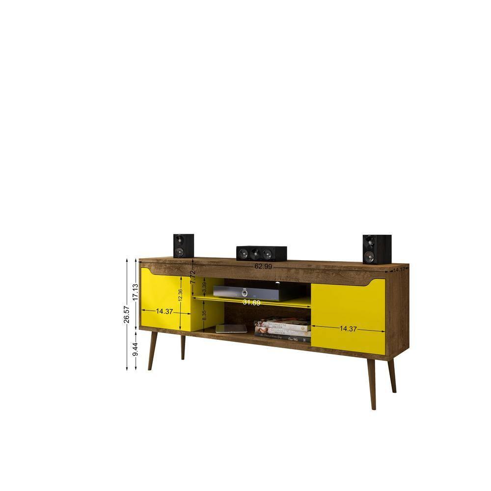 Manhattan Comfort Bradley TV Stand for TVs up to 60" Rustic Brown/Yellow: Mid-Century Modern Media Console with Open Shelves
