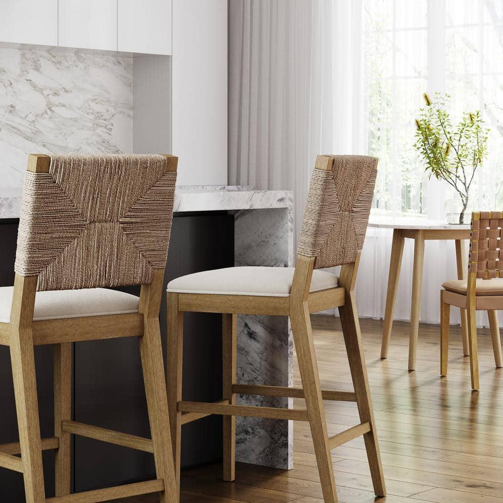 Nathan James Beacon Bohemian Boucle Bar Stool with Back, Bar Height Kitchen Island Chair, Seagrass Bar Stool, Cream Boucle/Brushed Light Brown, Set of 2