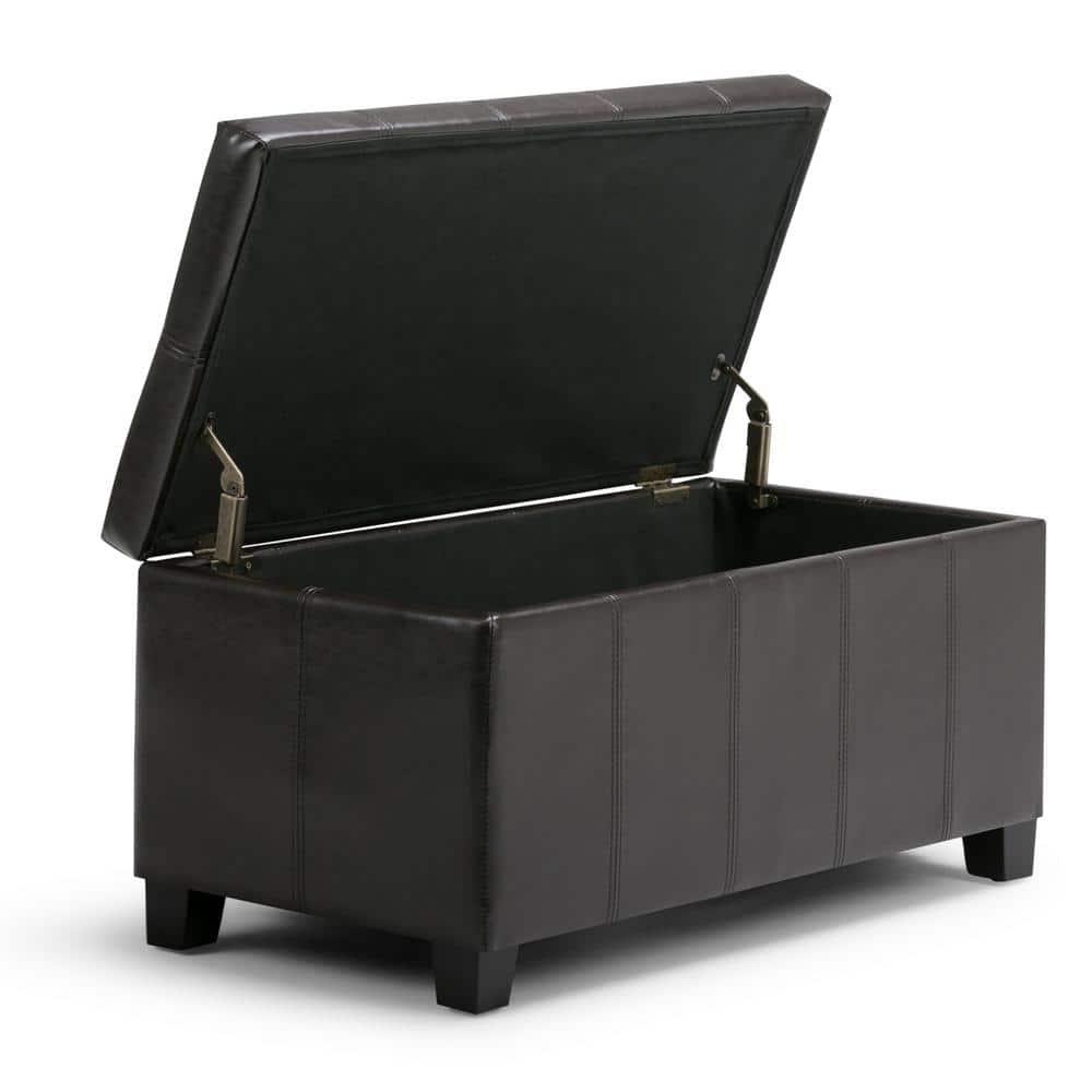 Simpli Home Dover Faux Leather Storage Bench in Tanners Brown