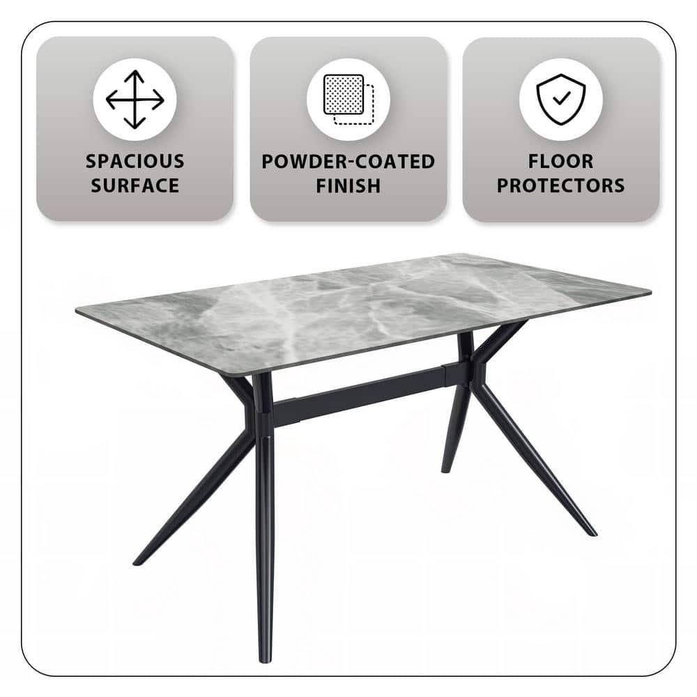 LeisureMod Elega Series Modern 62” Dining Table with Sintered Stone or Glass Rectangular Top and Black Stainless Steel Base in Light Grey