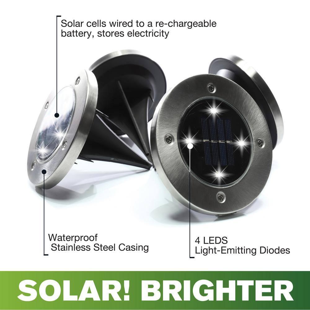 Bell + Howell Disk Lights Bronze – Heavy Duty Outdoor Solar Pathway Lights – 4 LED, Auto On/Off, Water Resistant, with Included Stakes, for Garden, Yard, Patio and Lawn, 4 Pack