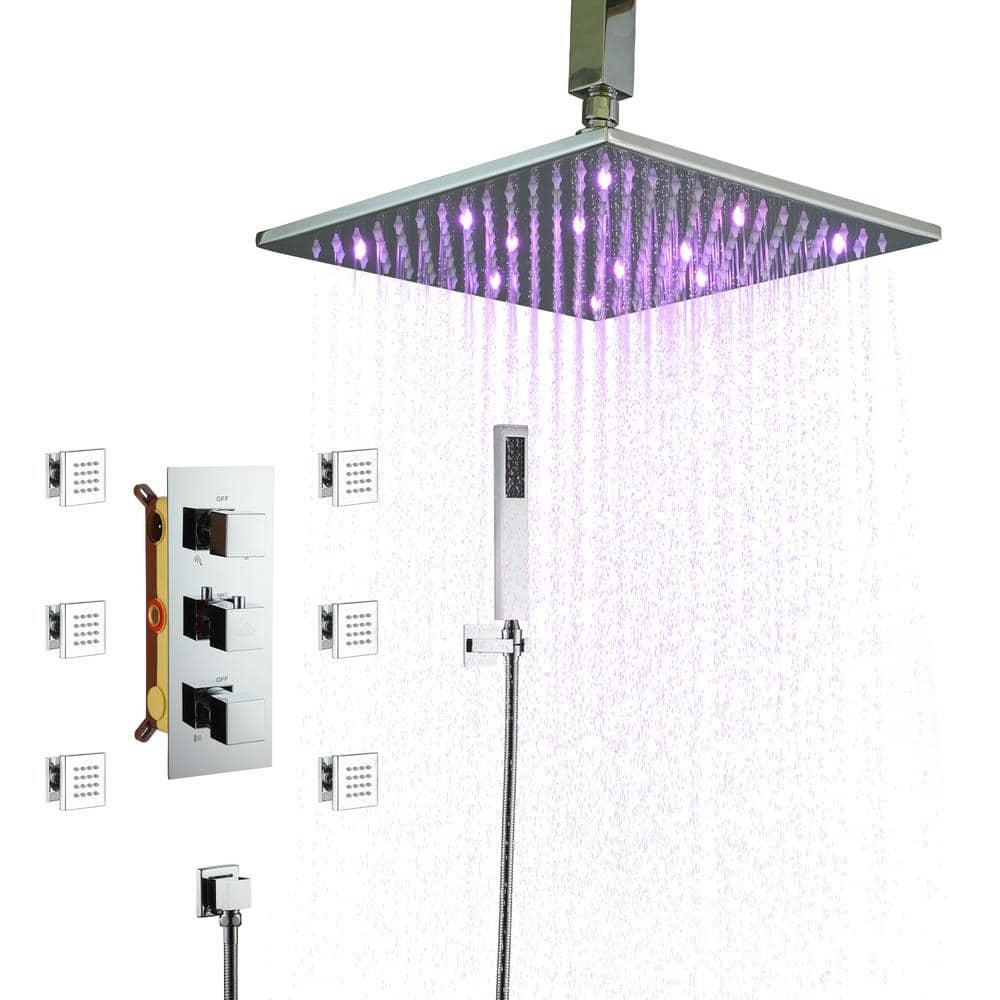 3-Function Luxury Ceiling Mount 12 Inch LED Thermostatic Shower System with 6 Body Jets