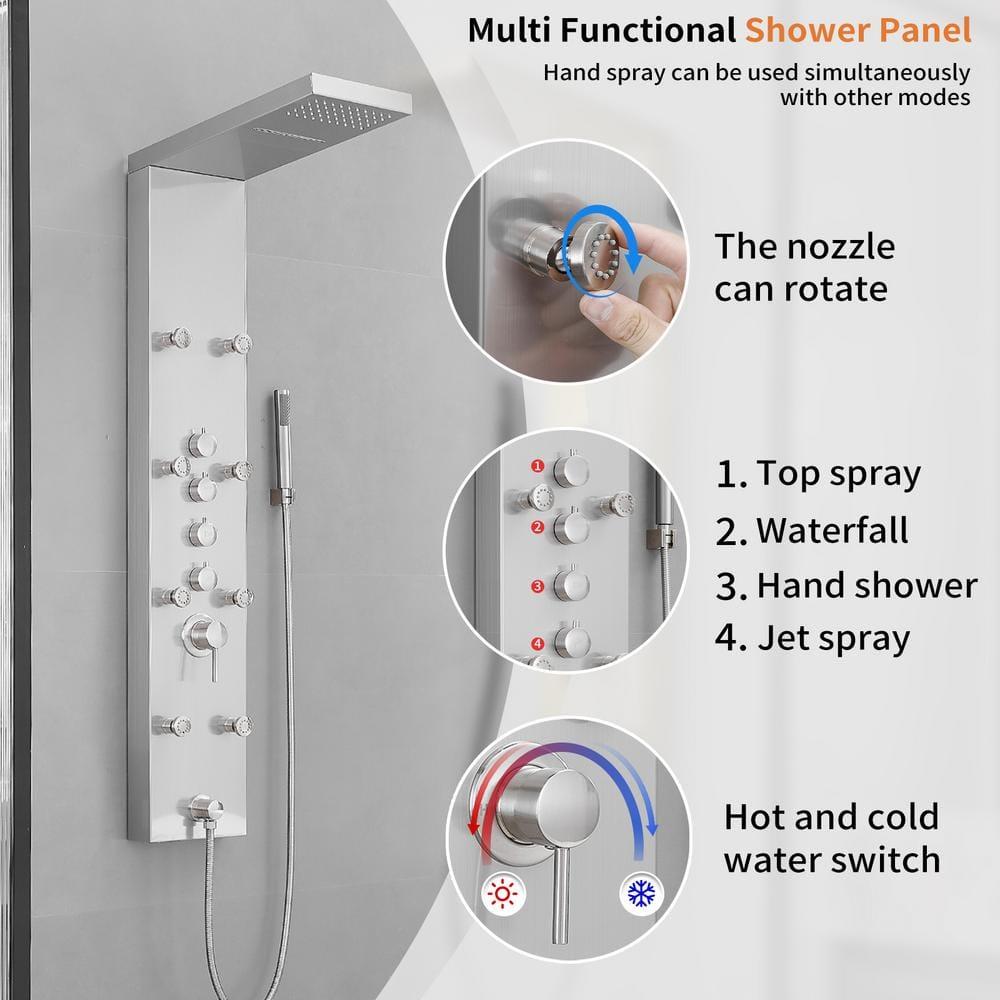 VIBRANTBATH 8-Jet Rainfall Shower Tower Shower Panel System With Rainfall Waterfall Shower Head And Shower Hand In Brushed Nickel YTP33-N