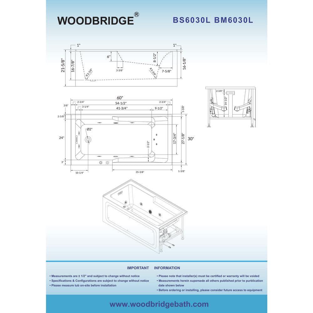 60" x 30" Whirlpool Heated Rectangular Alcove Acrylic Bathtub with Chrome/Matte Black Drain and Overflow