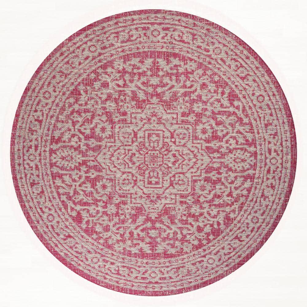 5' Round Sinjuri Medallion Textured Weave Indoor/Outdoor Area Rug, Fuchsia/Light Gray - JONATHAN Y
