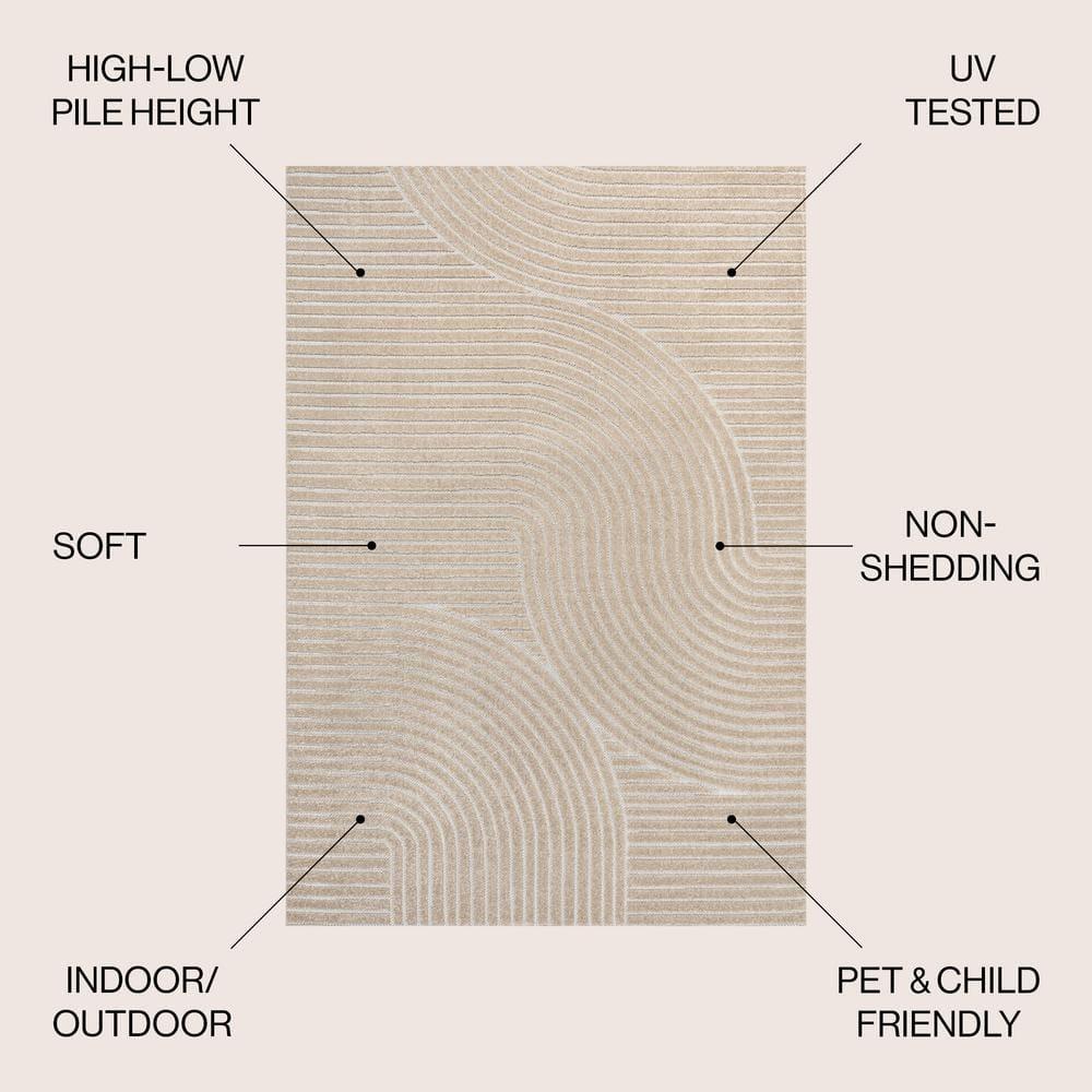 JONATHAN Y Hallie High-Low Minimalist Curve Geometric Beige/Cream 4 ft. x 6 ft. Indoor/Outdoor Area Rug
