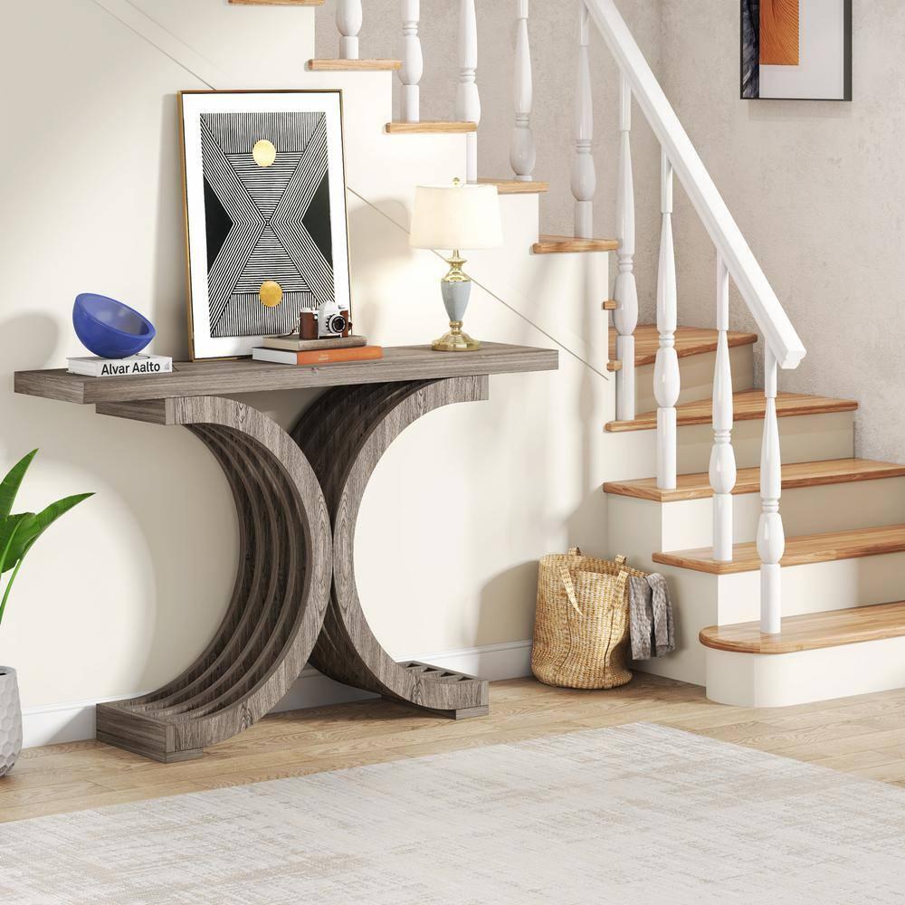 Tribesigns Modern 39-inch Console Tables, Farmhouse Entryway Table with Geometric Base, Wooden Narrow Hallway Table/Sofa Table for Living Room, Grey